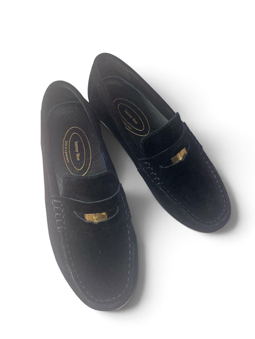 Women’s Journey West Black Suede Slip-On Loafers with Gold Accent 7.5